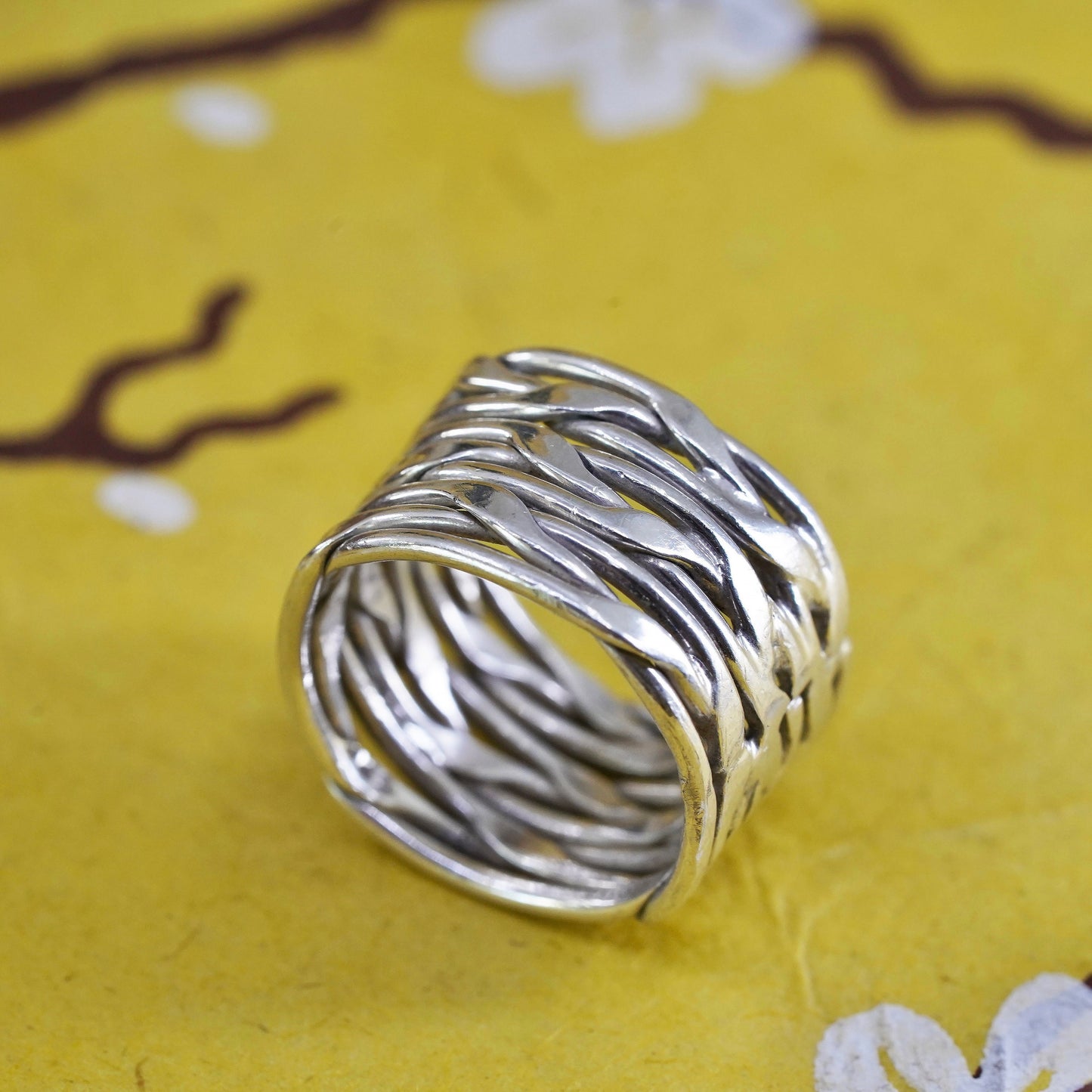 Size 6.75, VTG Sterling silver handmade ring, 925 wide band w/ woven braided