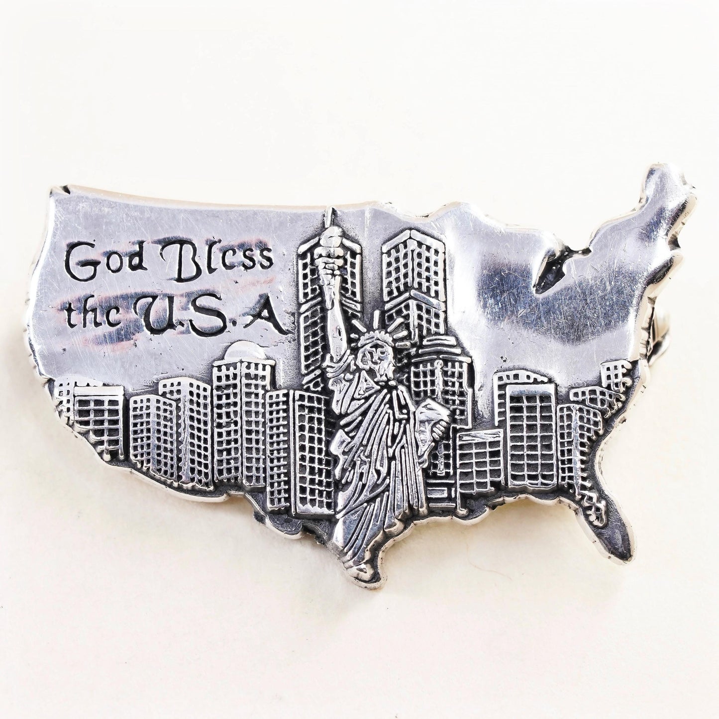 sterling silver brooch, 925 map pendant Statue of Liberty god bless the USA