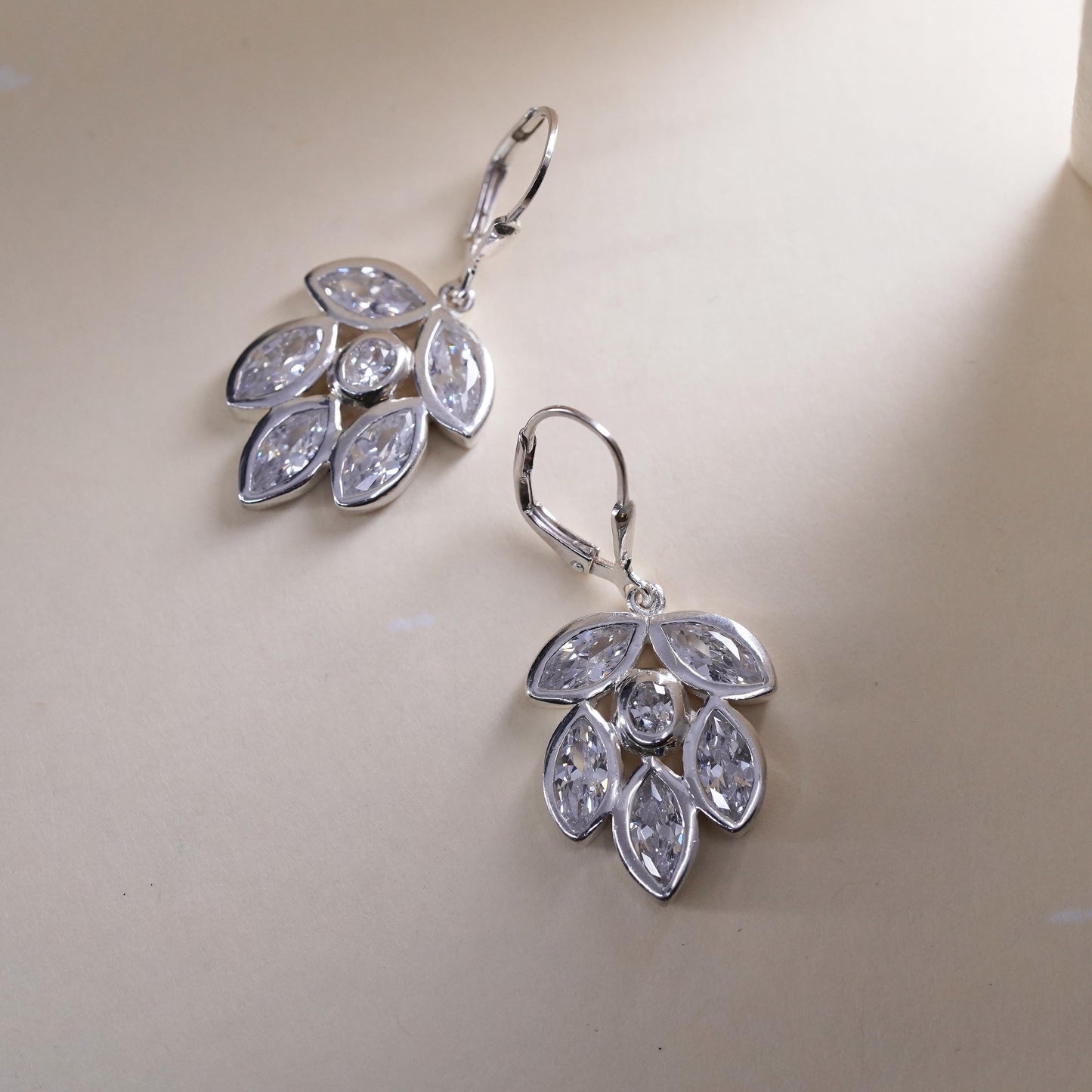Vintage Sterling 925 Silver Cubic Zirconia leaves Earrings