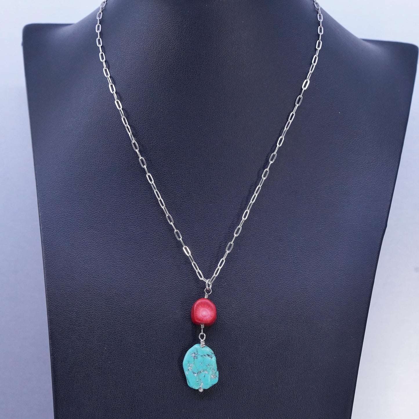 16+2", Sterling 925 silver elongated necklace turquoise coral beads pendant