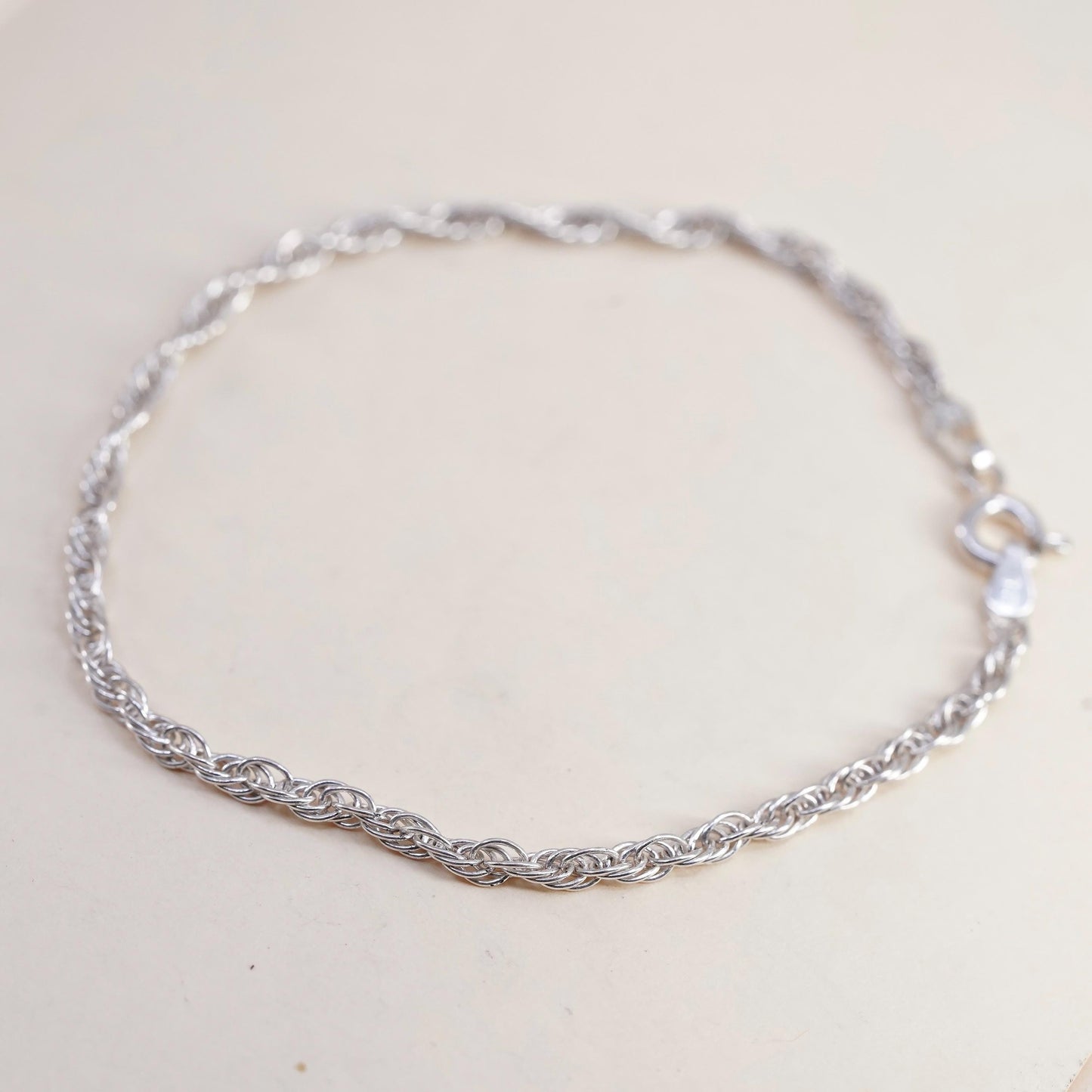 7" 3mm, Vintage Italian sterling 925 silver Singapore rope chain bracelet
