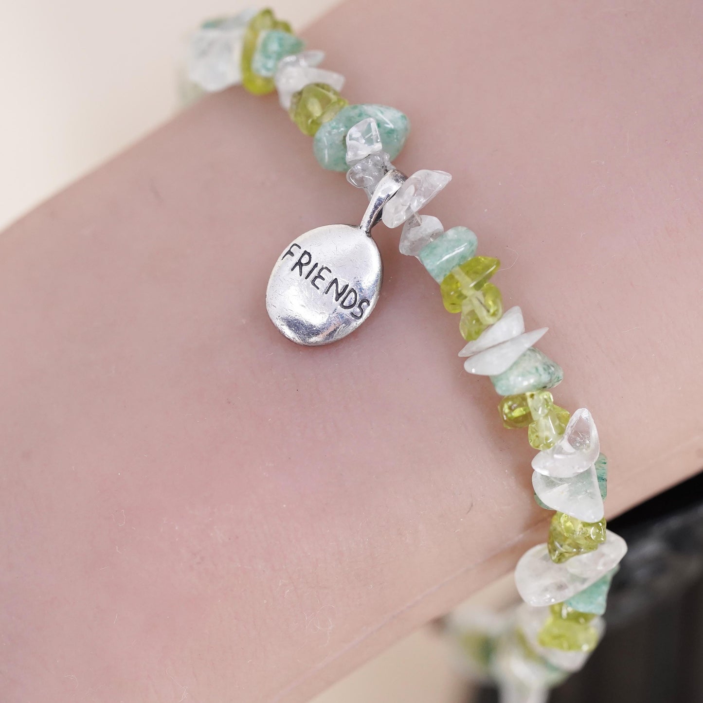 7.5”, peridot citrine agate beads sterling 925 silver bracelet friends charm