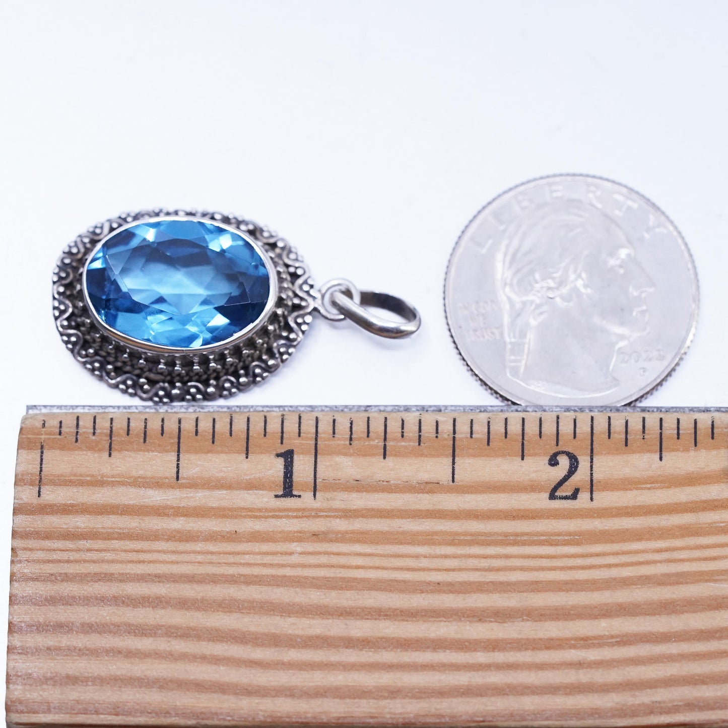 Sterling 925 Silver Blue Topaz Pendant, Oval Faceted Jewelry, Ornate Filigree