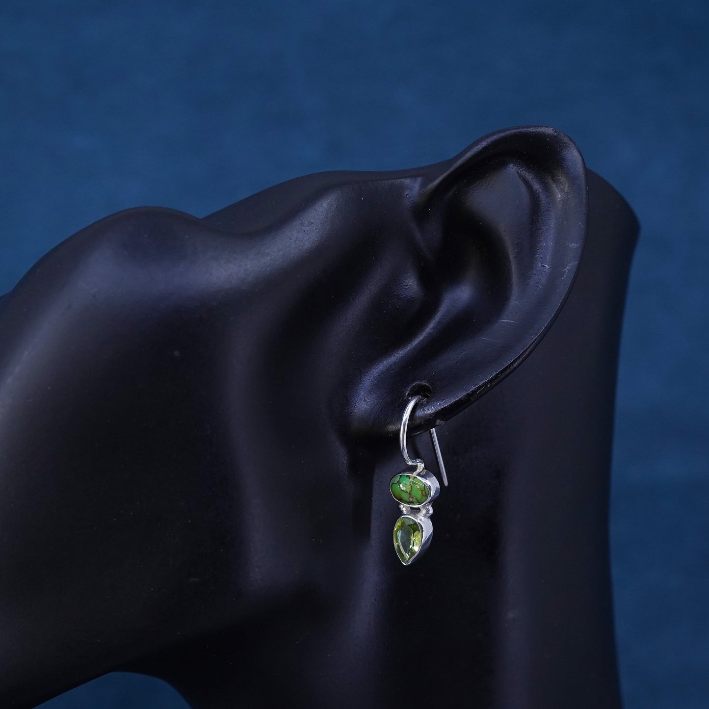 Vintage Sterling 925 silver handmade earrings with oval turquoise and peridot