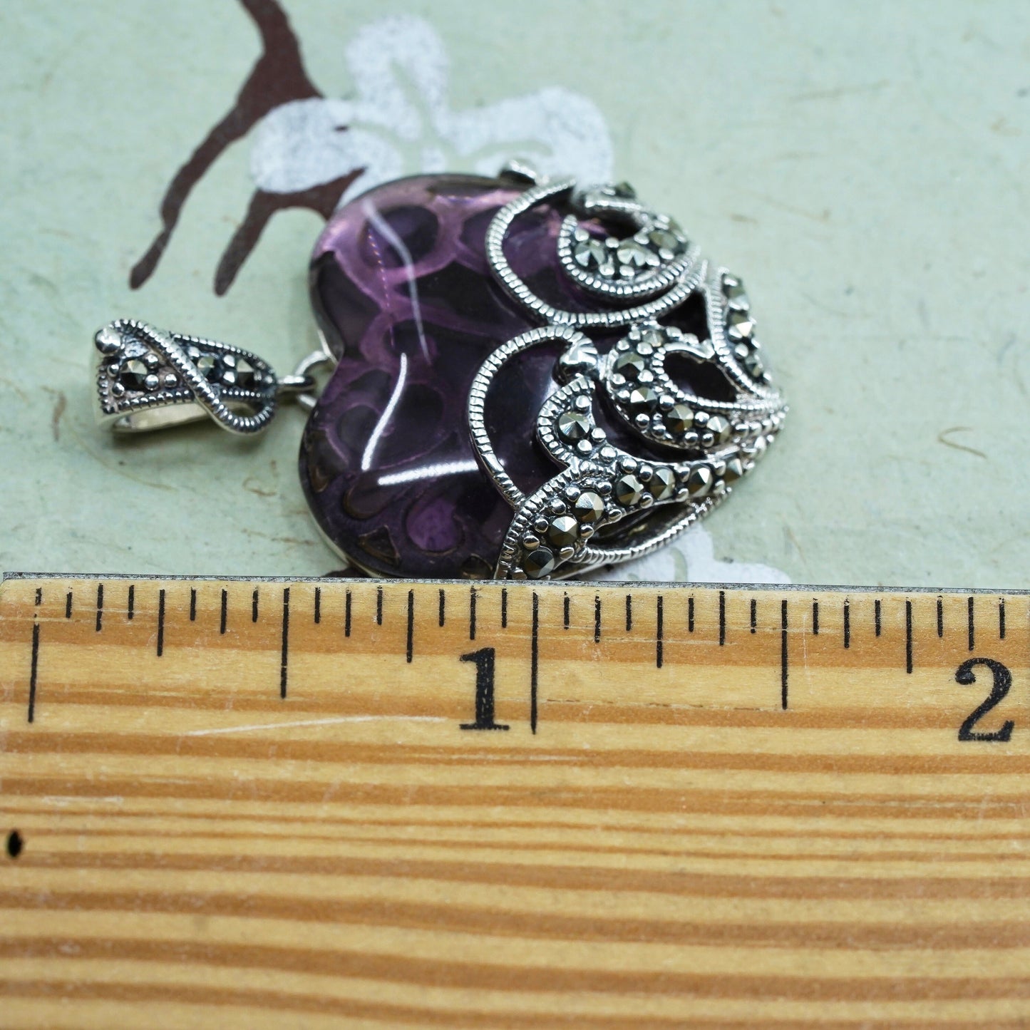 SLC sterling silver pendant, 925 filigree with marcasite purple garnet heart