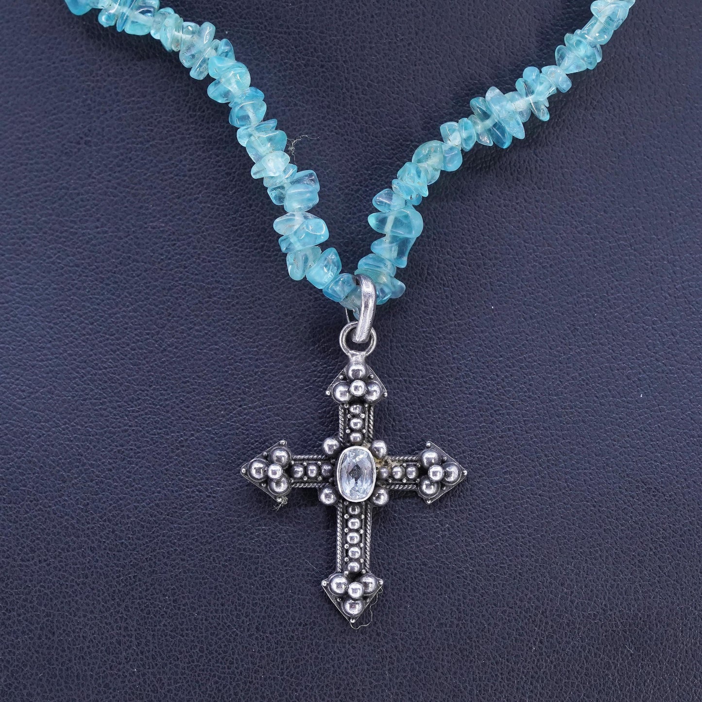 16", Sterling 925 silver necklace with nugget apatite beads and cross pendant