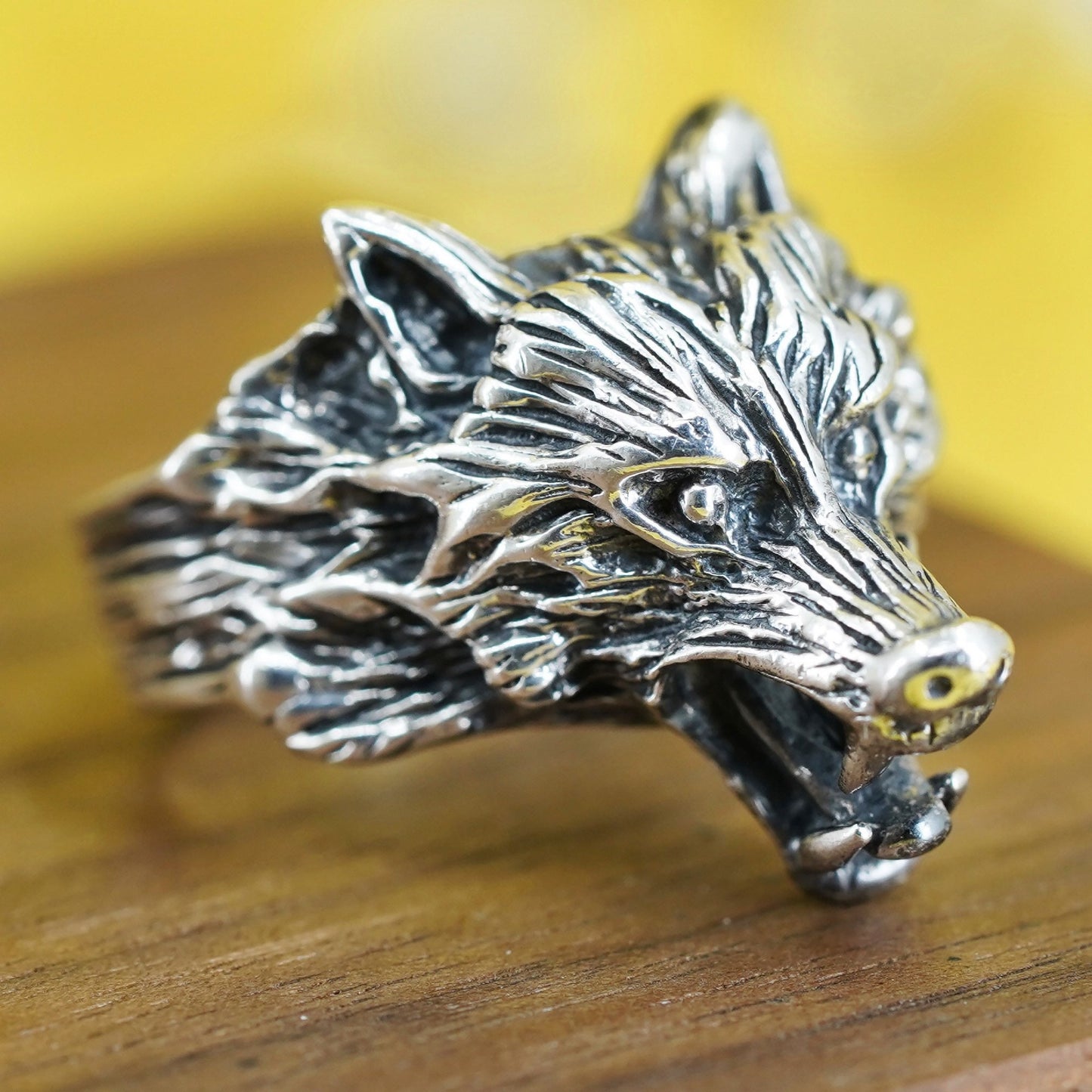 Size 7, Vintage Sterling Silver Handmade ring, Viking 925 wolf head band