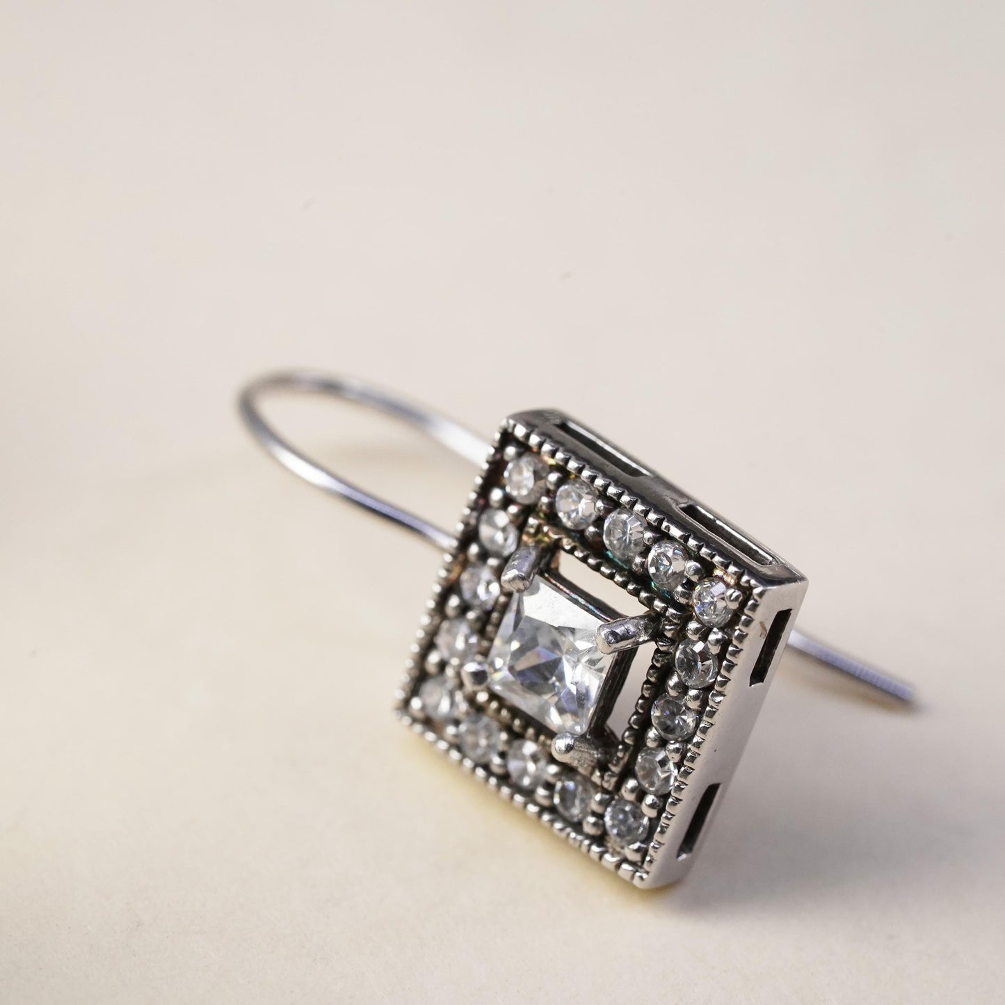 Vintage sterling silver single earring, 925 silver square dangle with clear Cz