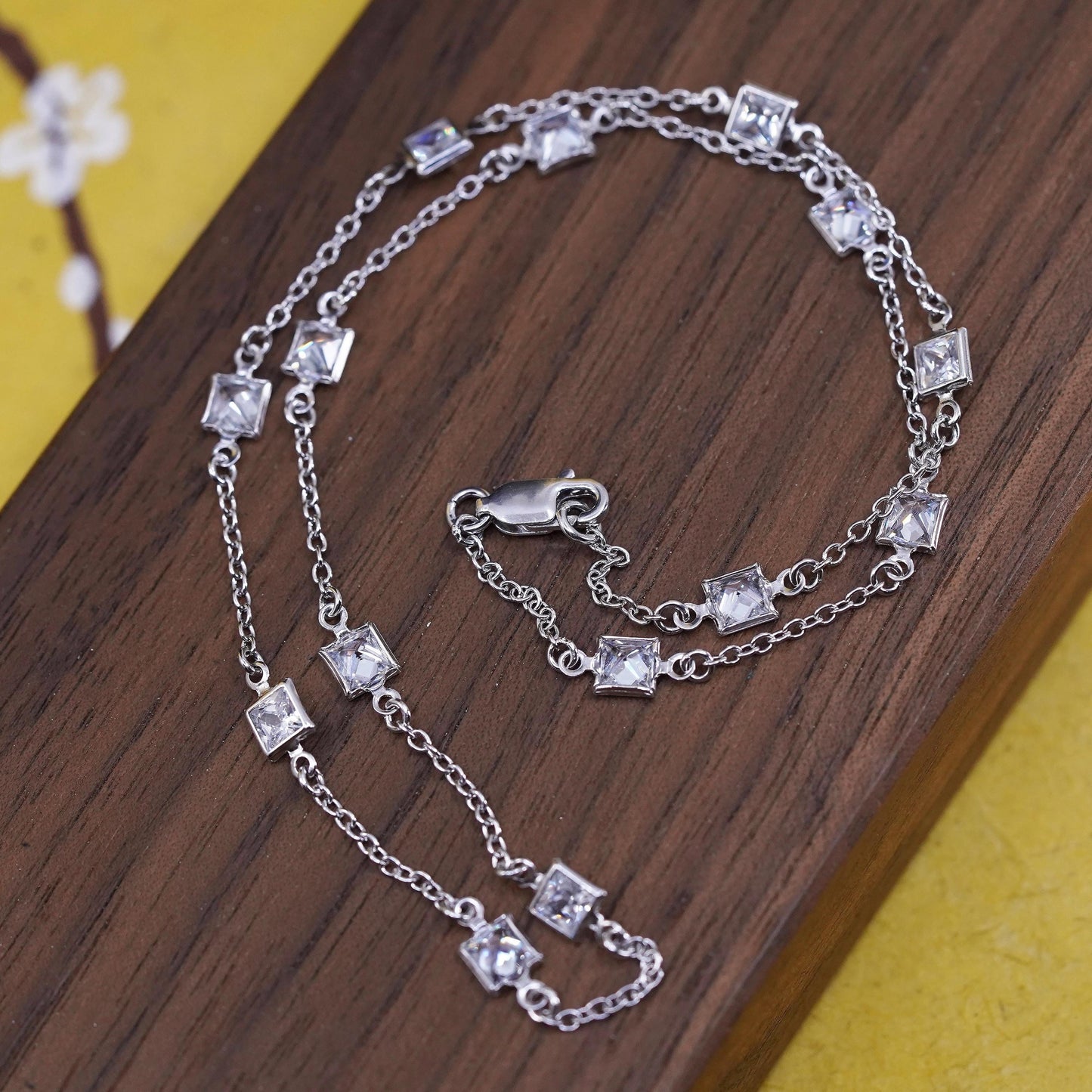 16”, vintage Sterling silver necklace, 925 circle chain with square Cz