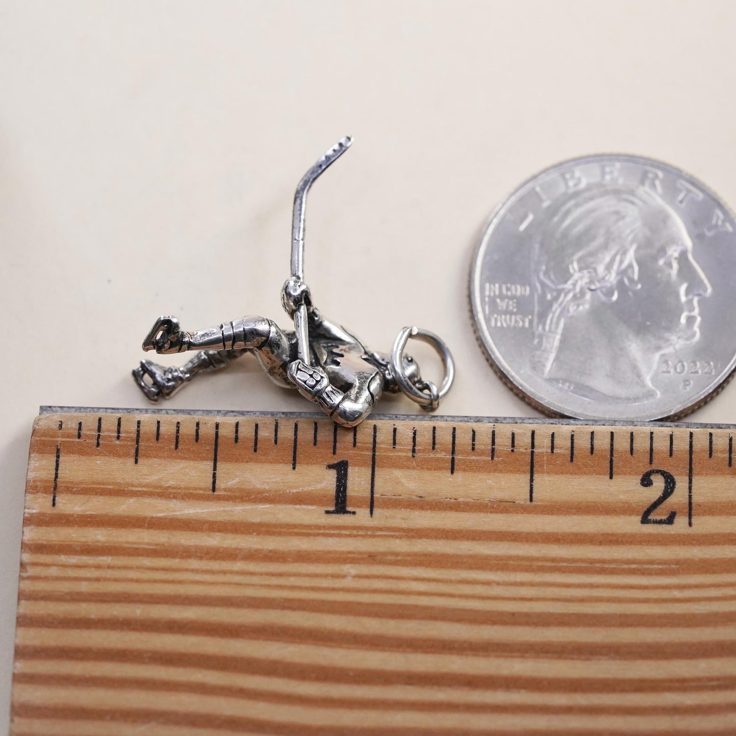 Sterling 925 Silver Hockey Player Charm Pendant, 3D Ice Hockey Skater w/ Stick