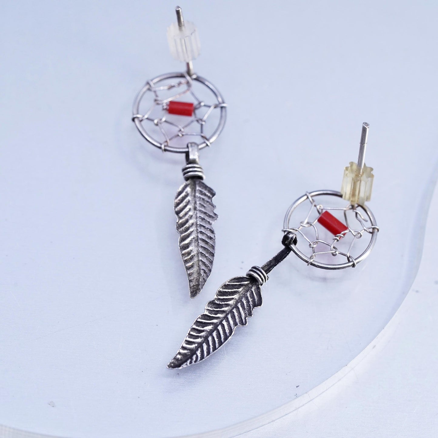 VTG Navajo Native American Sterling 925 silver earrings coral feather dangles
