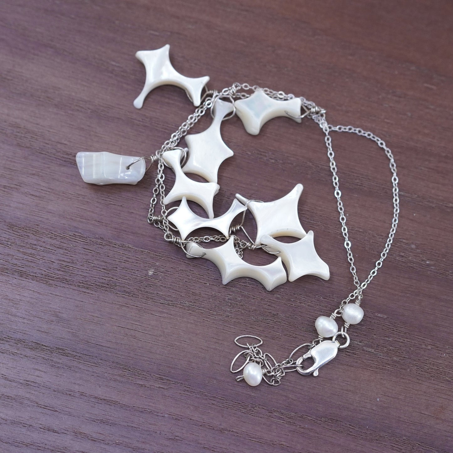 14+2”, sterling silver 925 necklace, circle chain with mother of pearl pendant