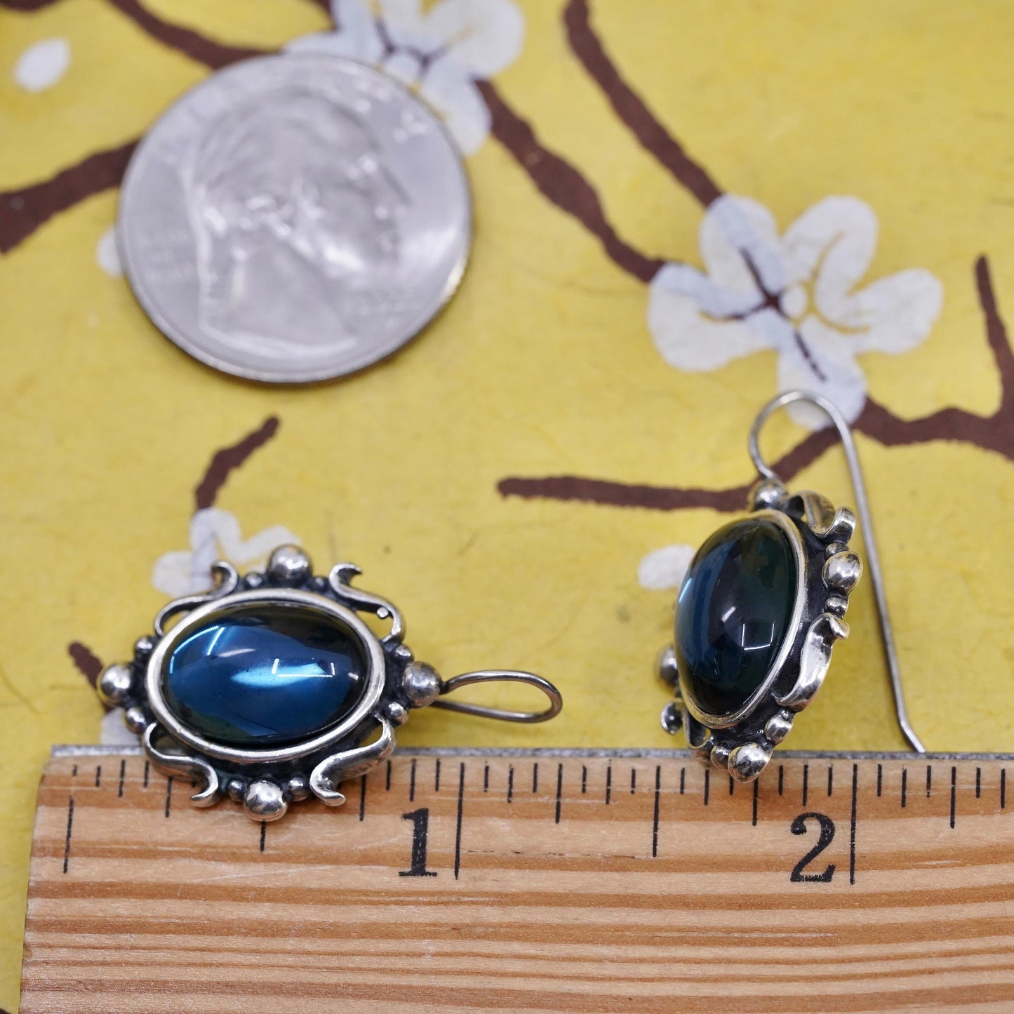 Vintage southwestern sterling 925 silver oval earrings with artisan blue glass