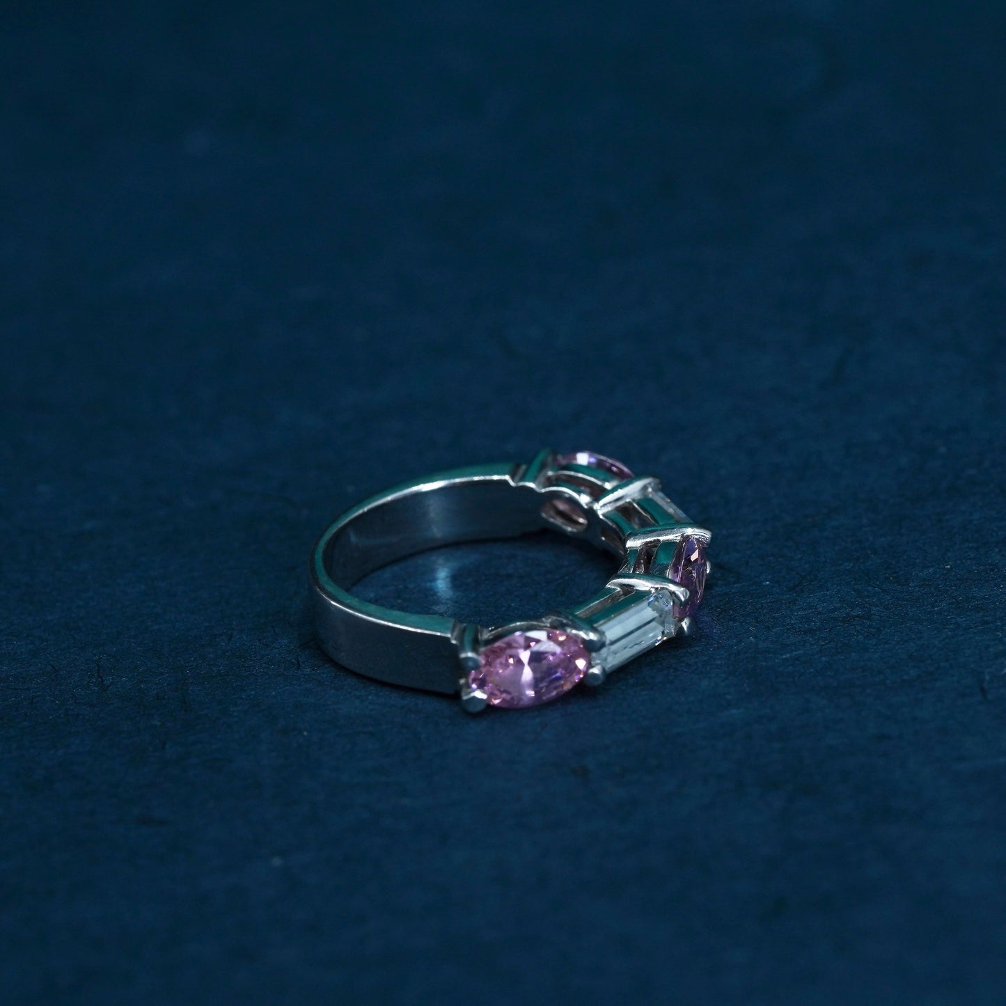 Size 4.5, Sterling 925 silver handmade ring, 925 stackable wedding band pink Cz
