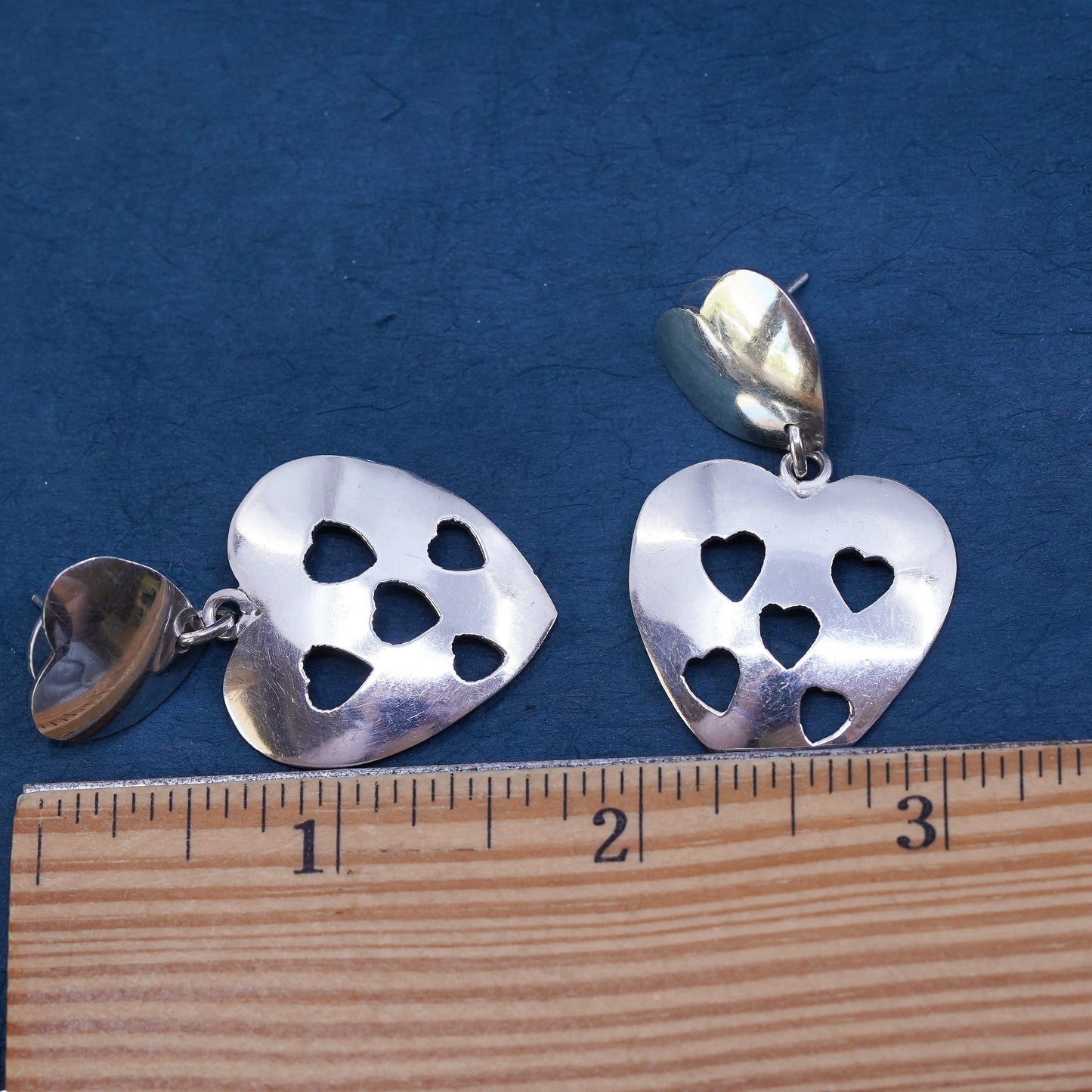Mexican Sterling silver handmade earrings, 925 heart dangles with heart cut out