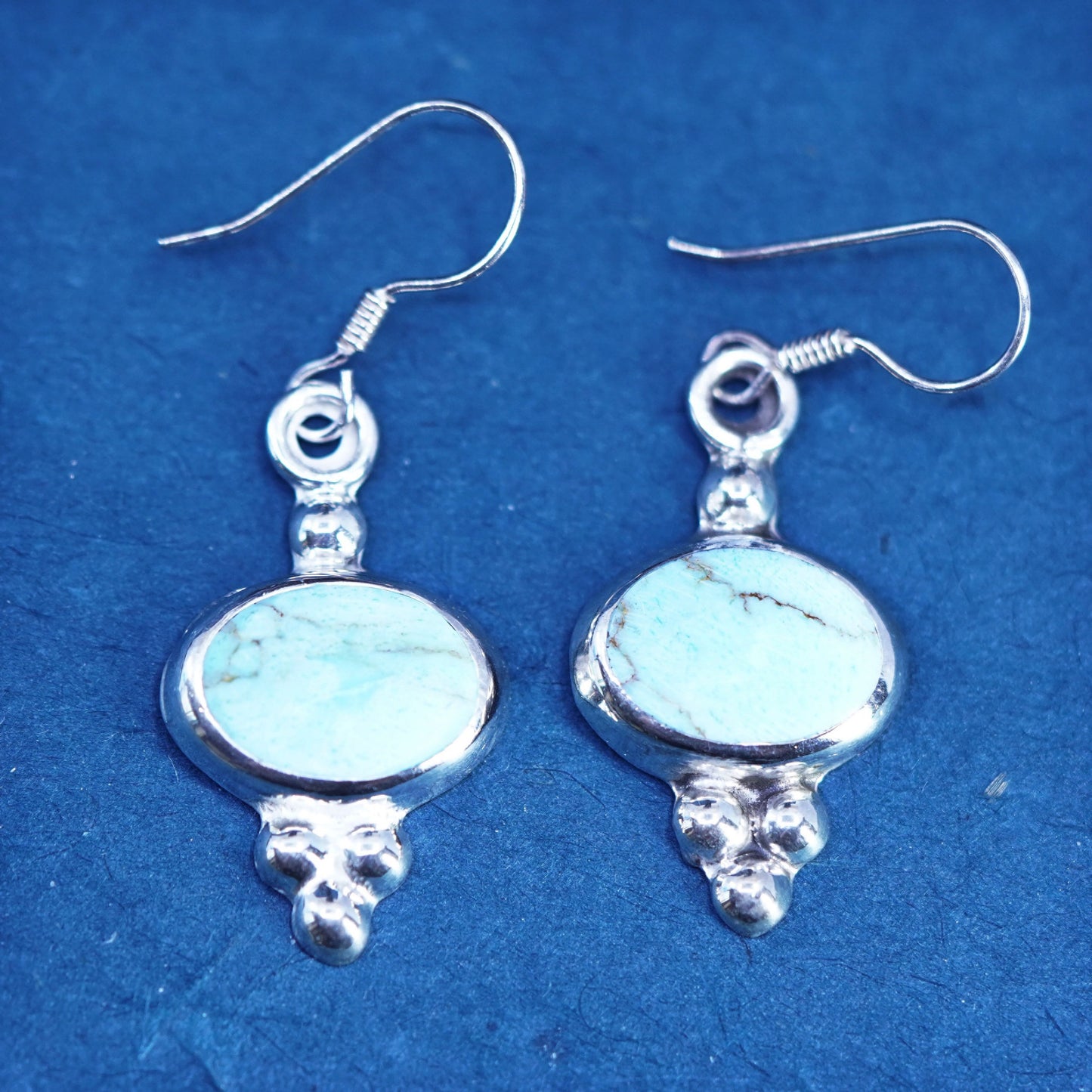 Vintage Sterling 925 silver handmade filigree earrings with oval turquoise