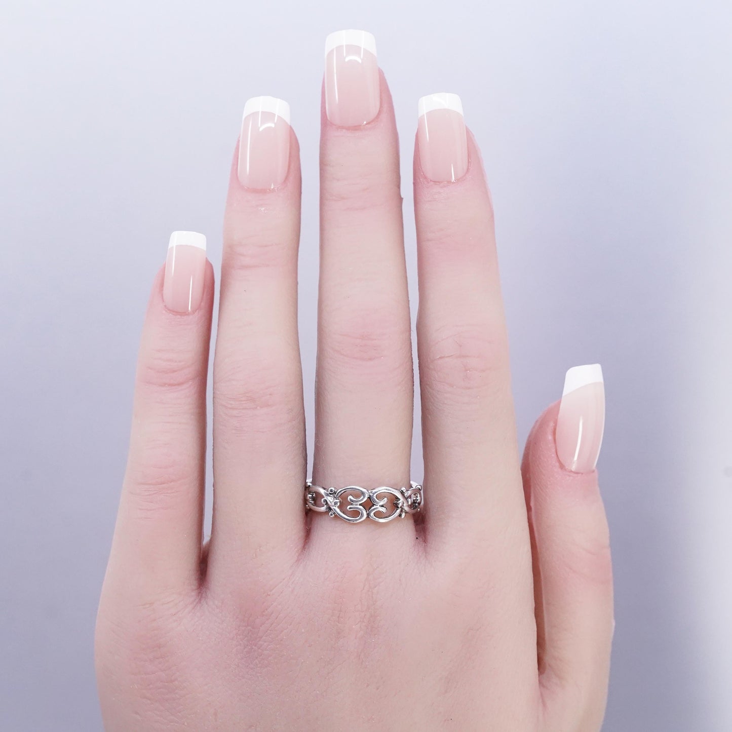 Size 9, Vintage Sterling Silver Handmade Ring, 925 filigree heart band