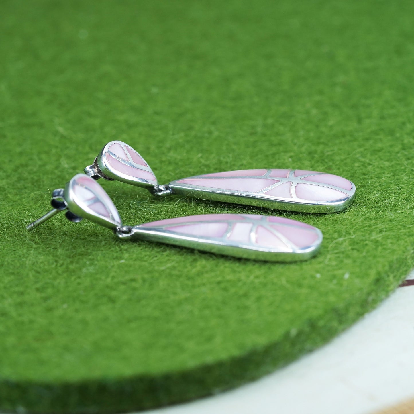 sterling 925 silver handlade teardrop earrings with pink mother of pearl inlay