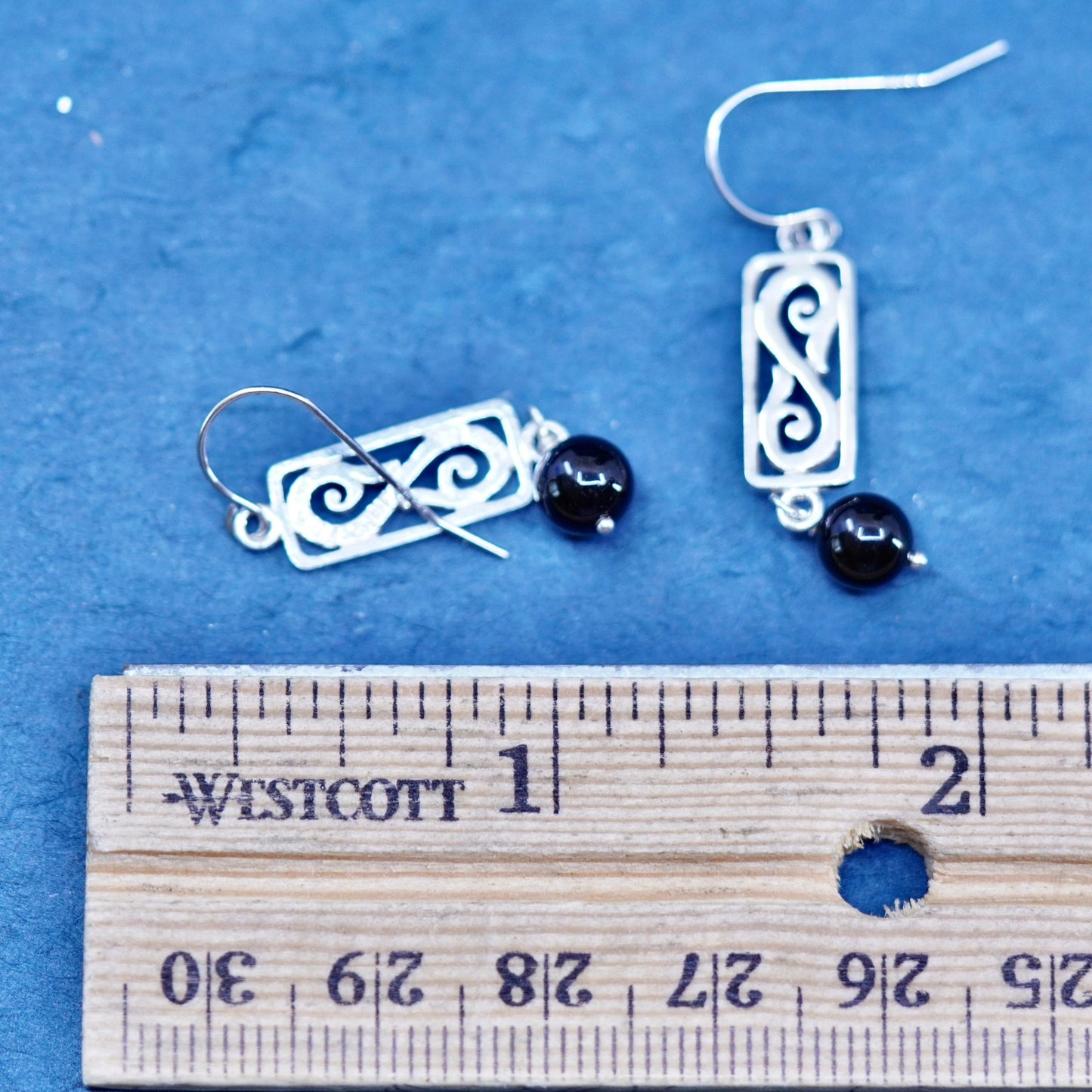 Vintage sterling 925 silver handmade filigree earrings with obsidian beads