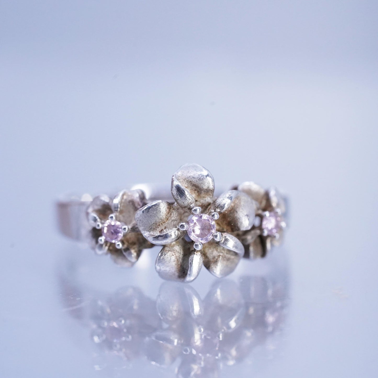Size 6, vintage Sterling 925 silver handmade ring, plumeria flower band pink cz