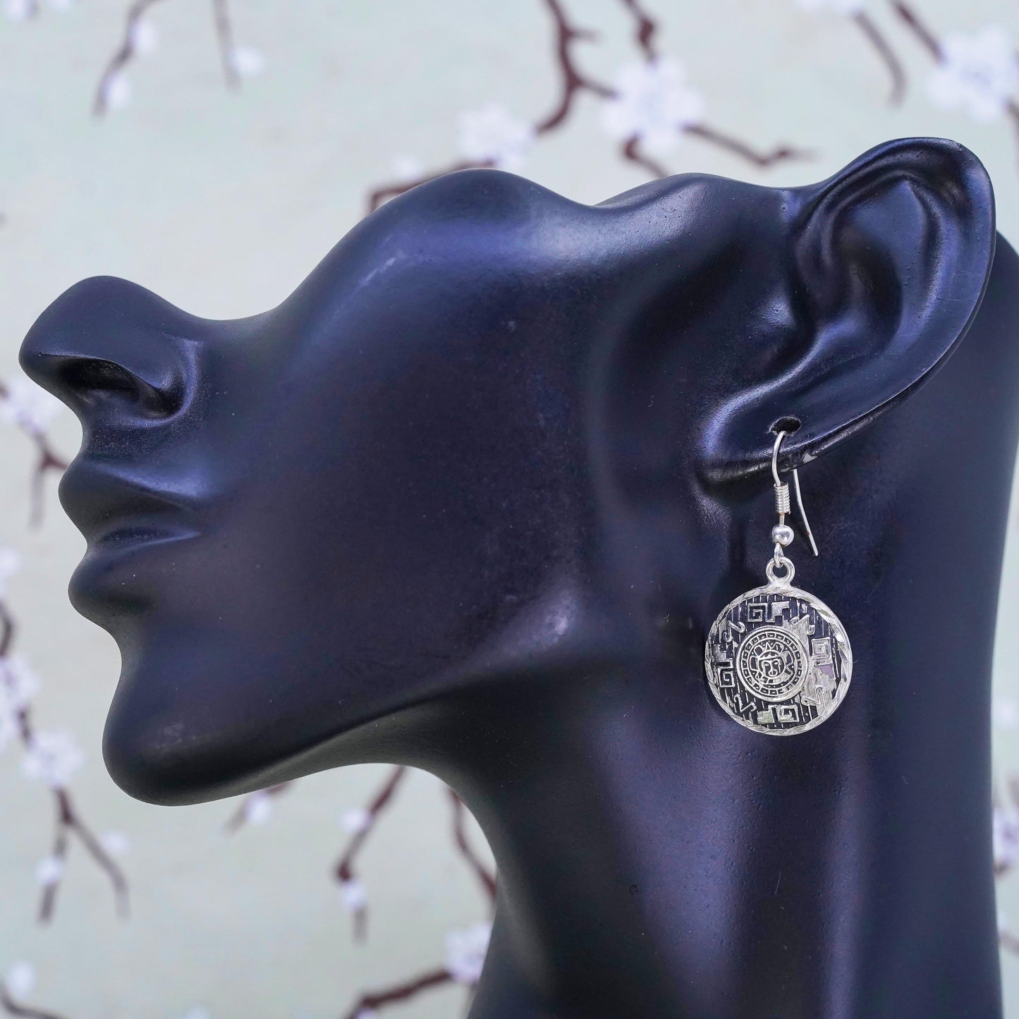 Vintage sterling silver handmade earrings, 925 circle with Mayan calendar