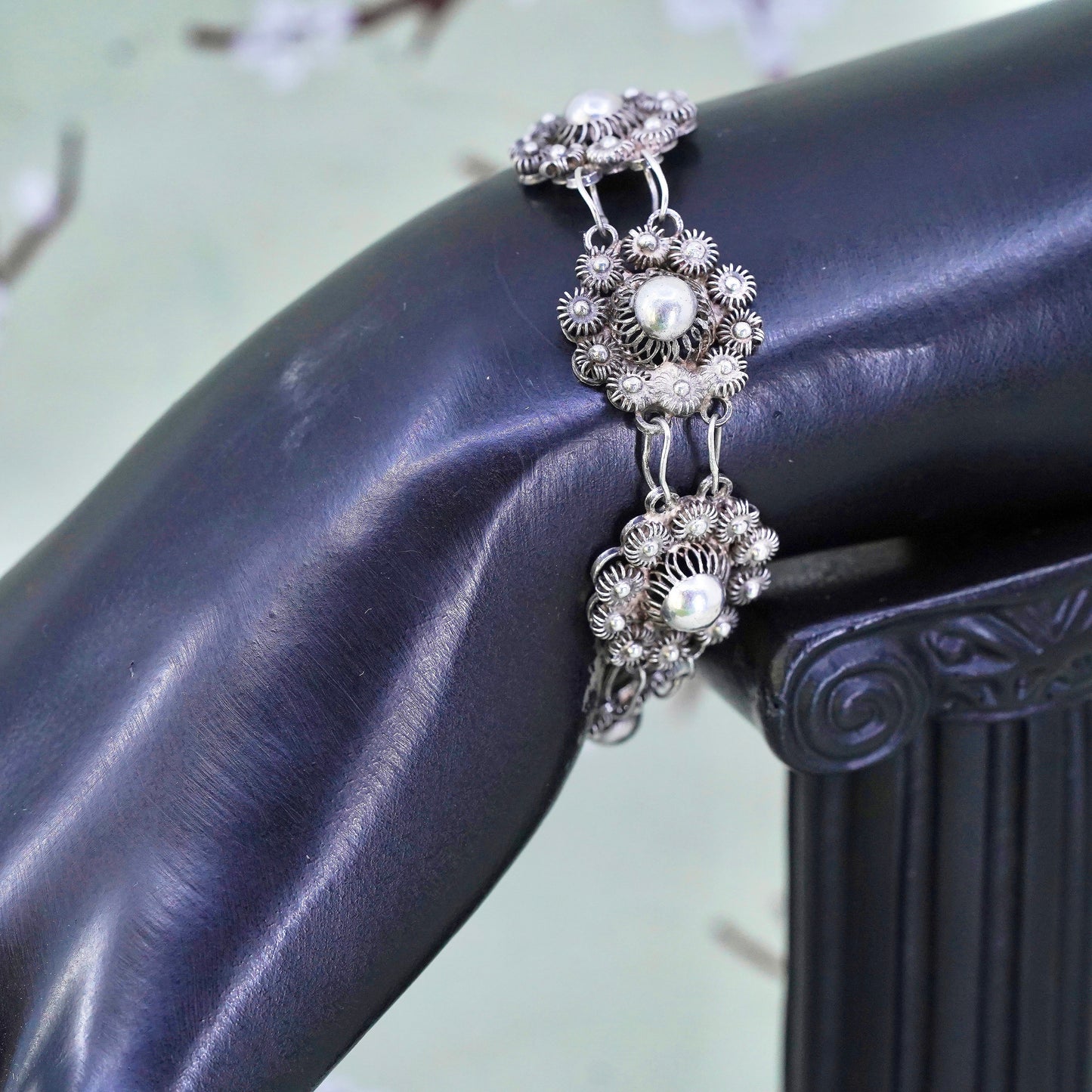 5.75", VTG sterling silver handmade bracelet, 800 filigree flower link chain