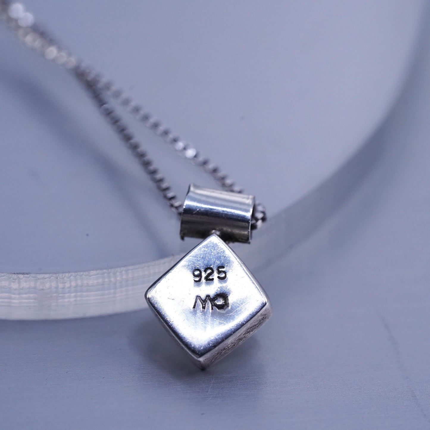 18” 1mm, Vintage Sterling silver necklace, box chain with 925 square pendant