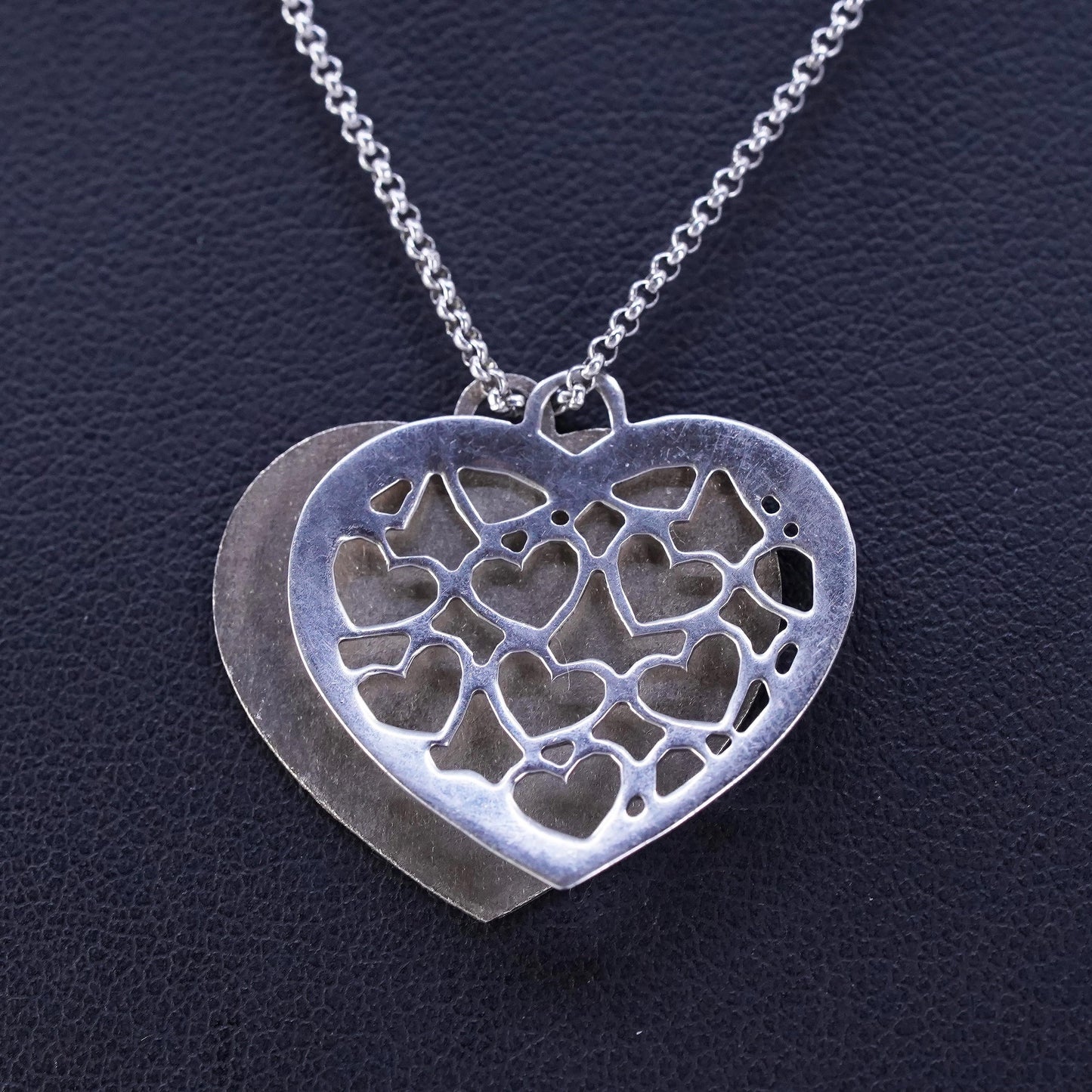 14+2”, vintage two tone Sterling 925 silver circle necklace with heart pendants