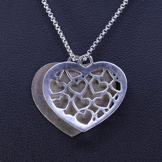 14+2”, vintage two tone Sterling 925 silver circle necklace with heart pendants