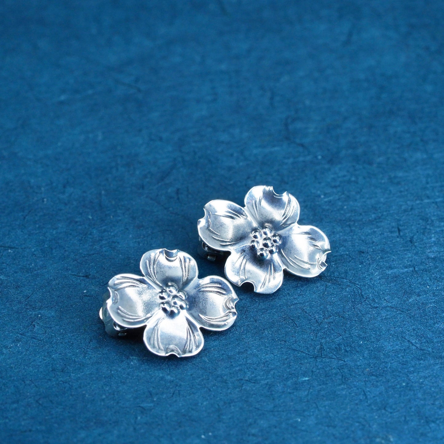 NYE Sterling silver handmade earrings, solid 925 silver dogwood flower clip on