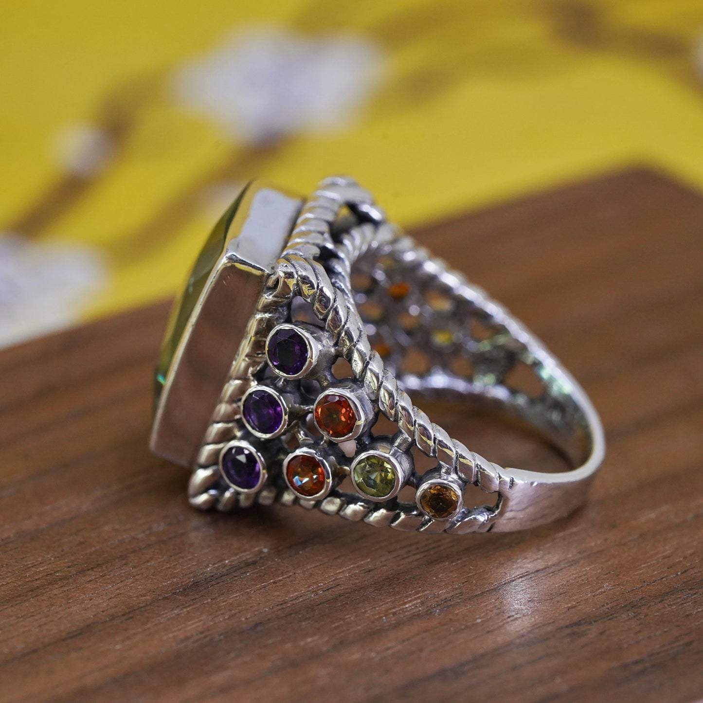 Size 10, Sterling 925 silver ring square peridot amethyst peridot citrine