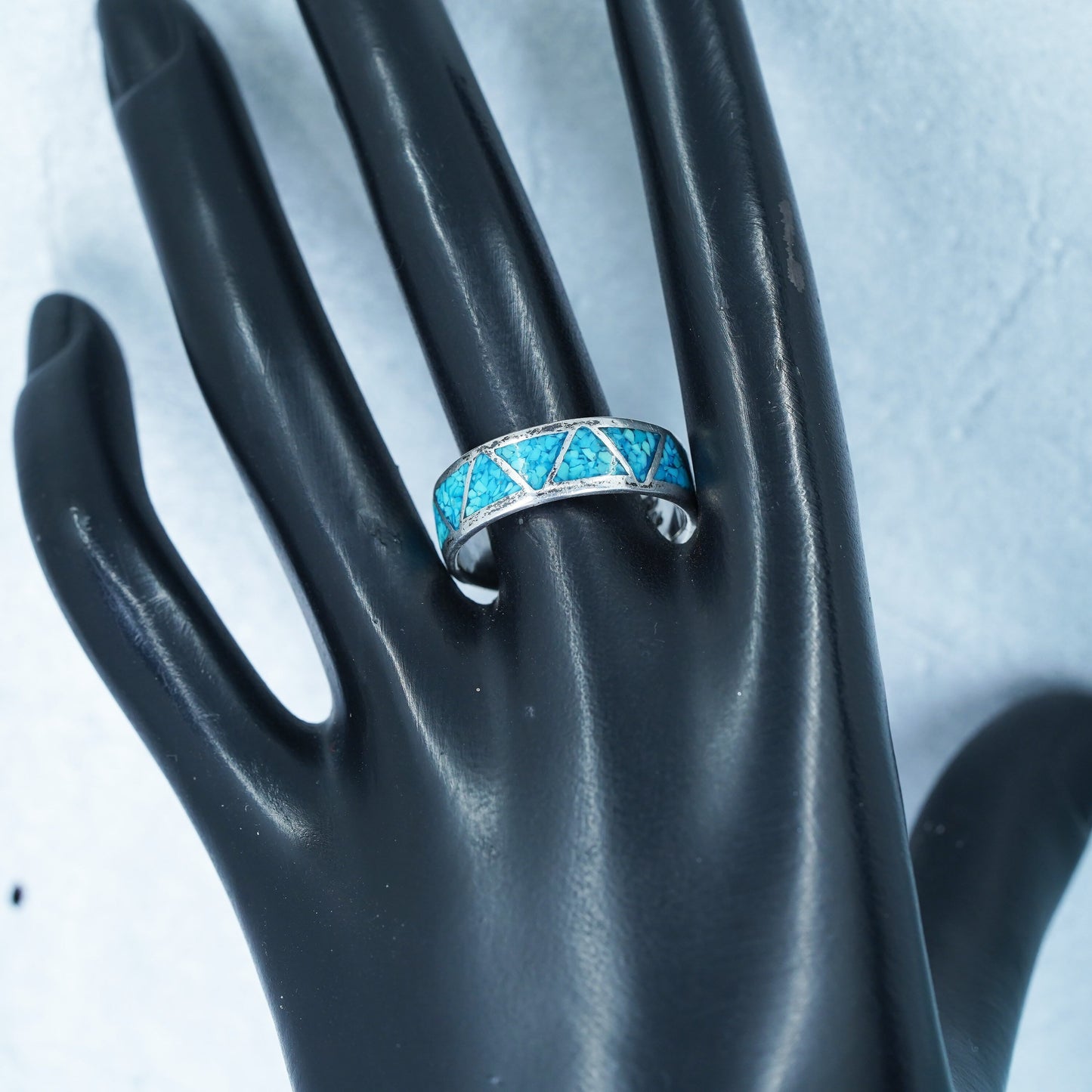 Size 11, Native American navajo Sterling 925 silver ring turquoise chips inlay