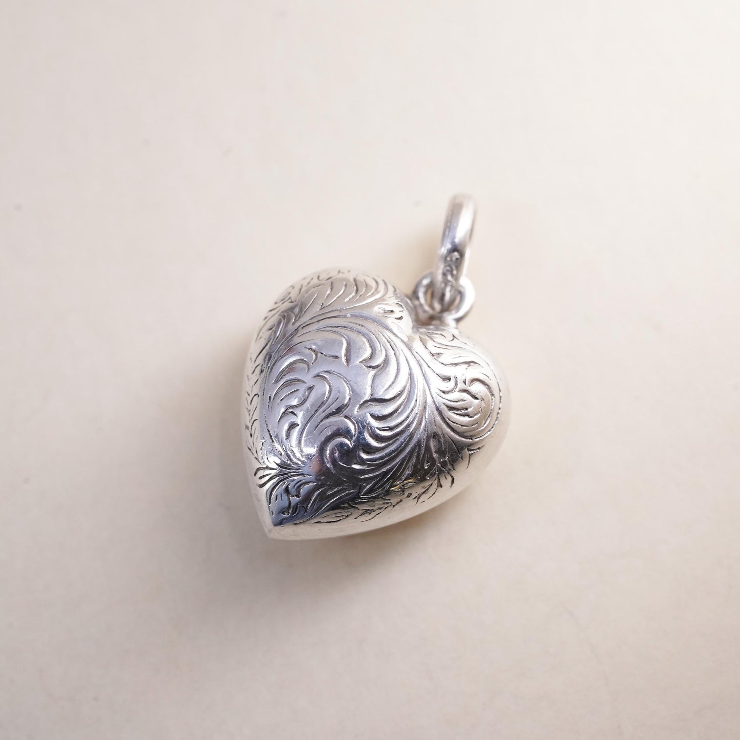 Vintage sterling silver handmade pendant, textured puffy heart
