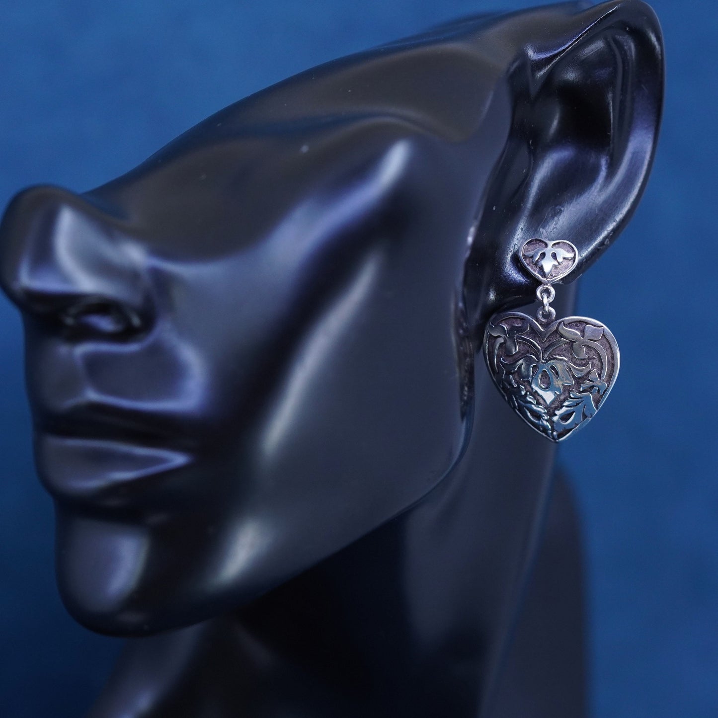 Vintage Sterling silver handmade earrings, textured 925 heart drops