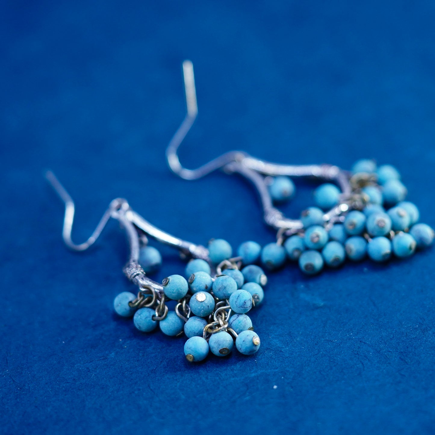 Silver Tone handmade earrings with cluster turquoise beads