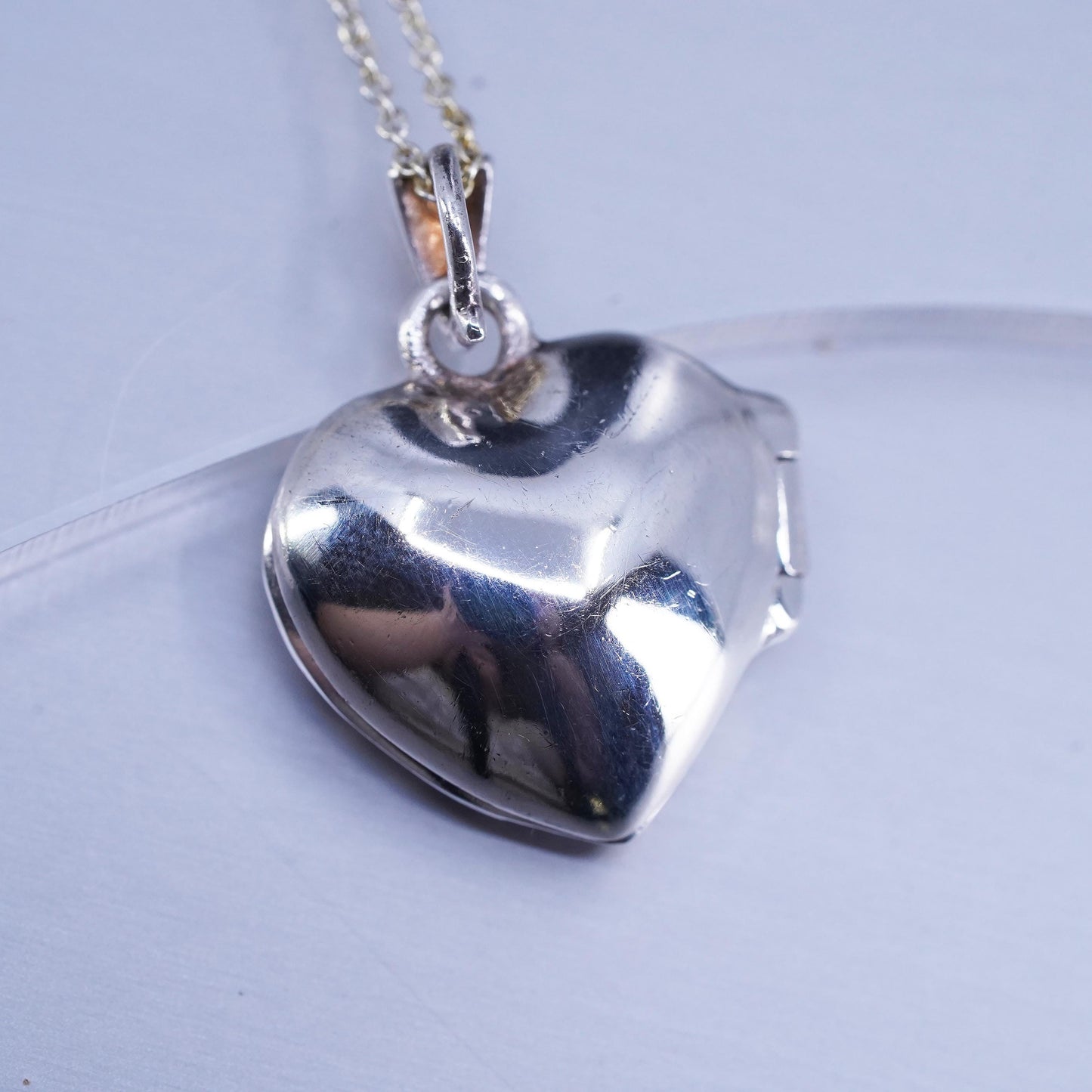 18”, Sterling 925 silver circle chain necklace with heart photo locket pendant