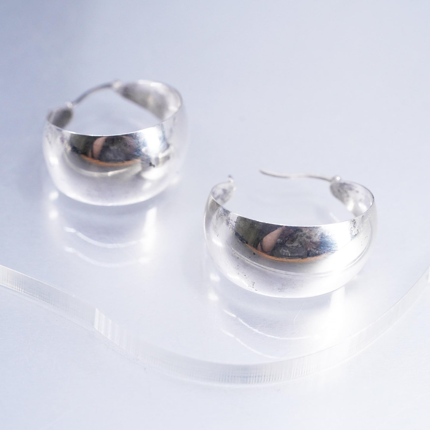 1", Vintage 925 Sterling Silver Wide Earrings, High Polish Dome Hoops, Chunky