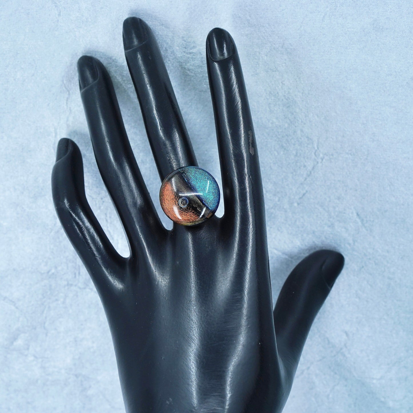 Size adjustable, Sterling 925 silver handmade cocktail ring w/ foiled glass