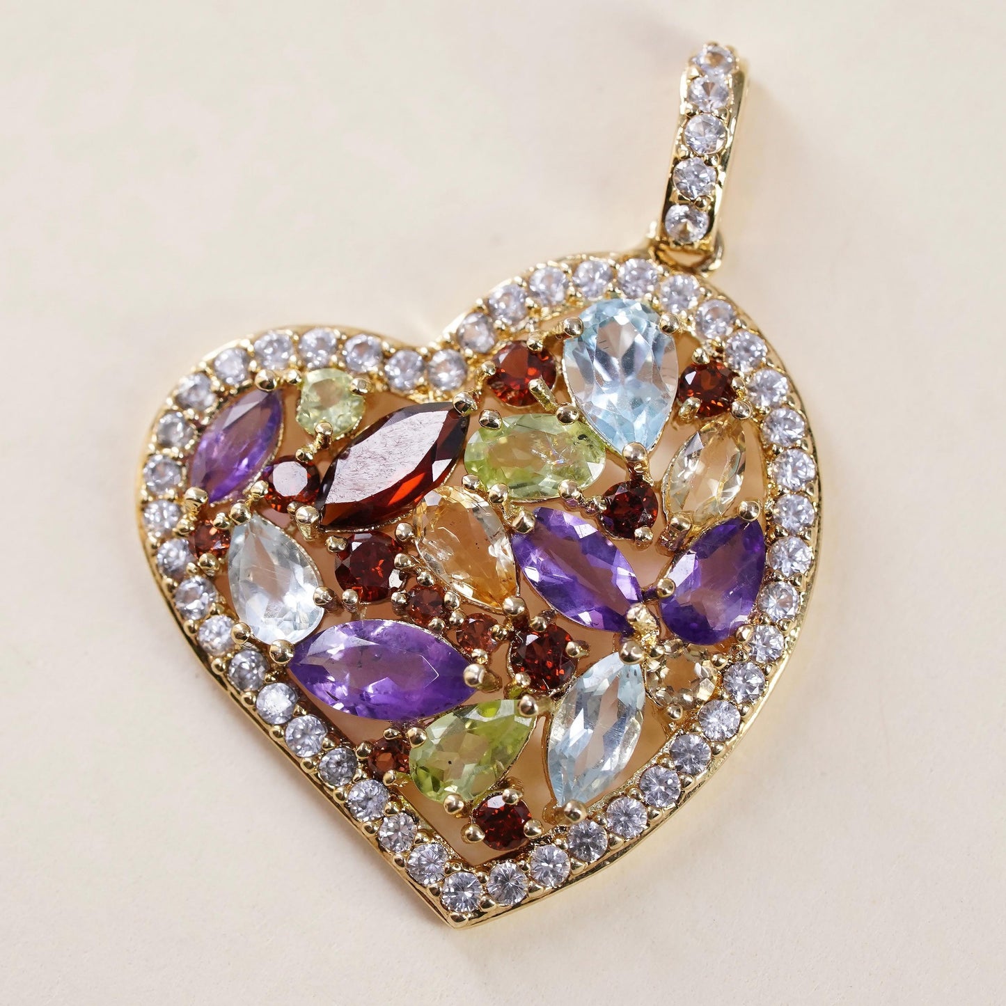 Vintage PAJ BR gold plated brass filigree heart with multi gemstones