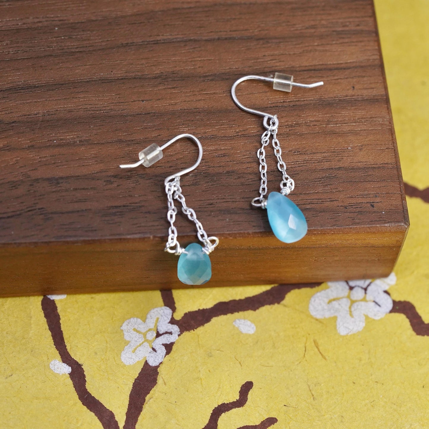 Vintage Sterling 925 silver handmade earrings with teardrop chalcedony