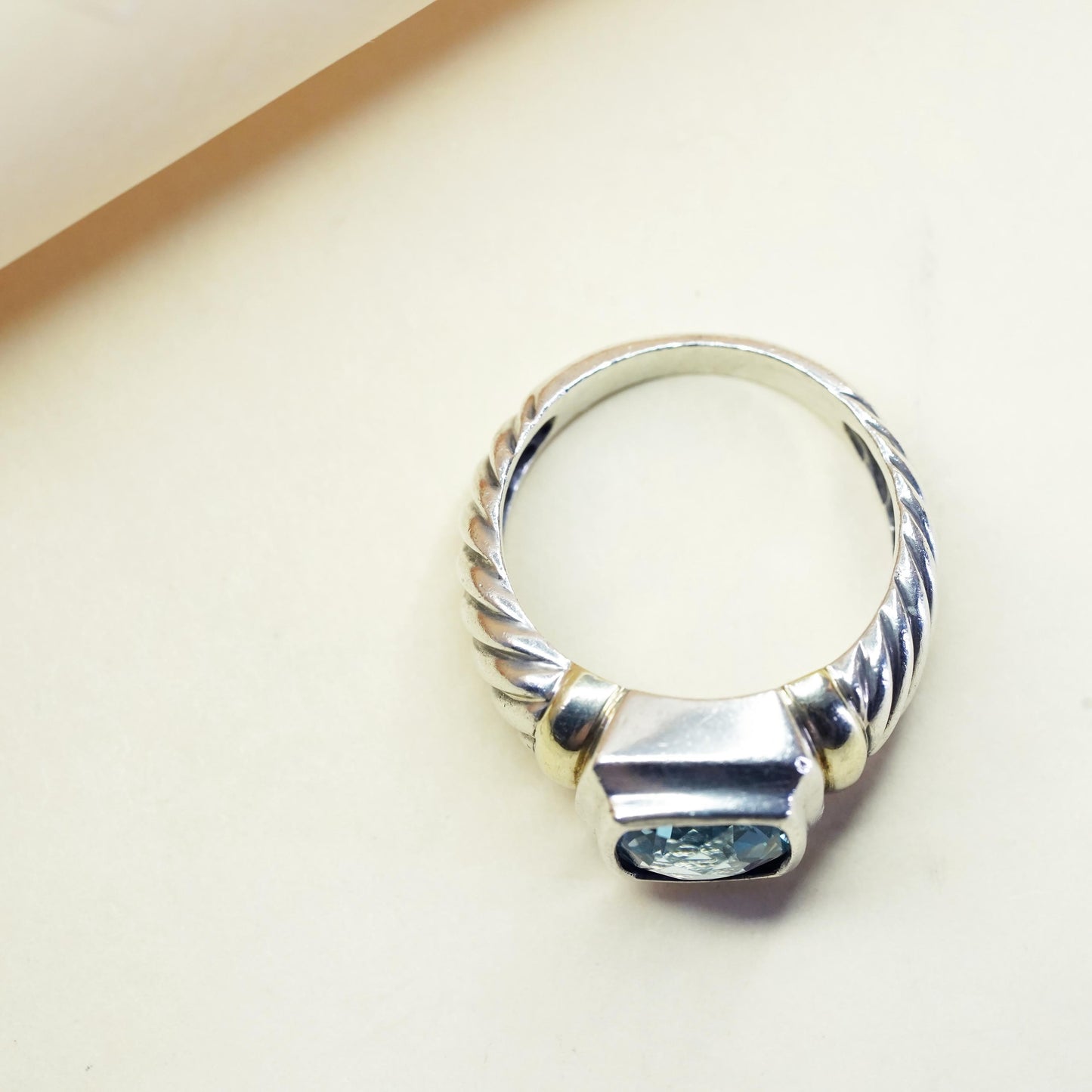 Size 8.75, David Yurman Sterling 925 silver cable ring square blue topaz 14K