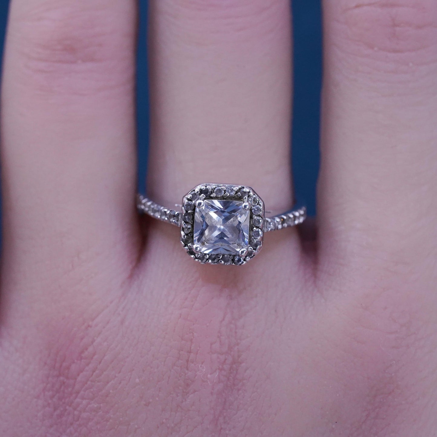 Size 8.25, vintage Sterling 925 silver engagement ring with cluster Cz around
