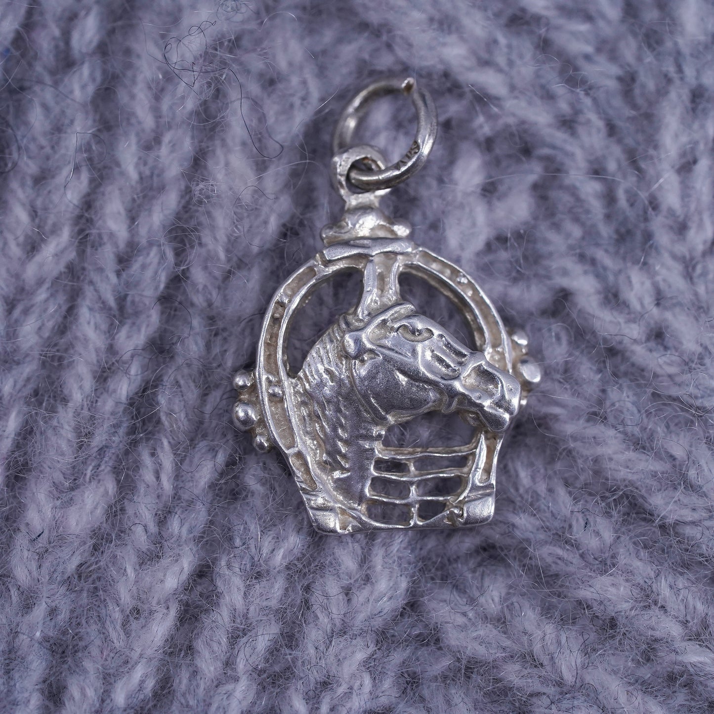 Vintage sterling silver horse pendant, 925 charm with horse shoe