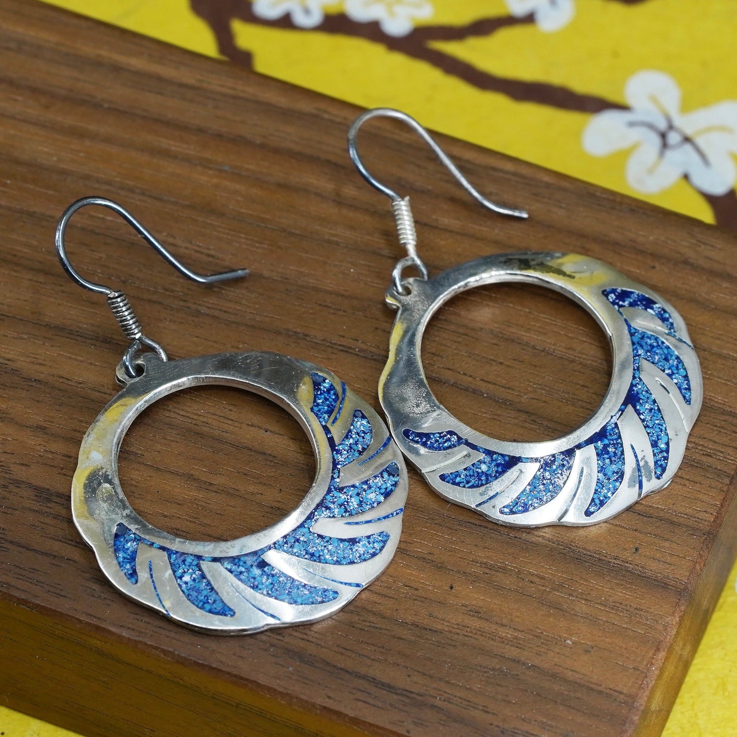 Sterling silver handmade earrings, Mexico 925 silver circle turquoise Inlay