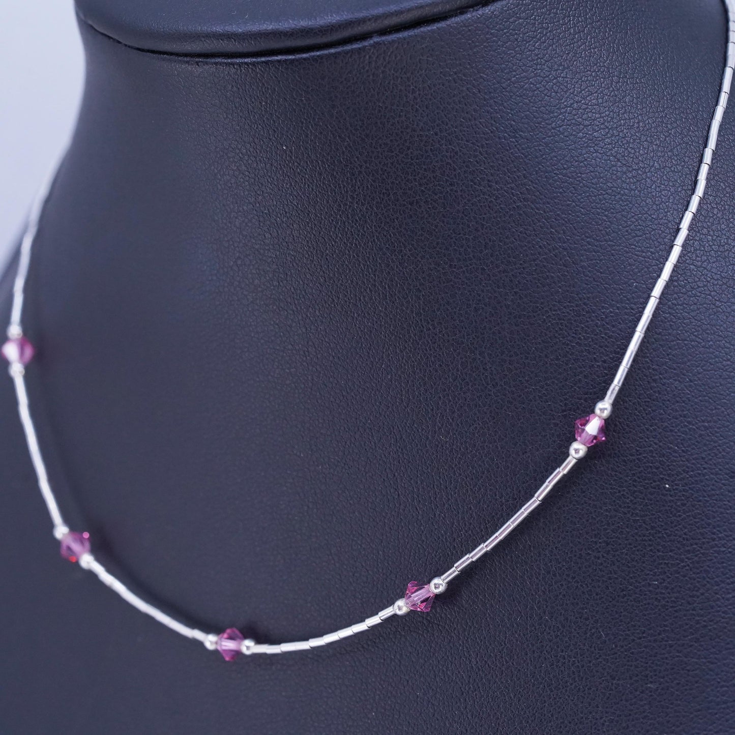 14”, Native American Sterling 925 liquid silver necklace pink crystal beads