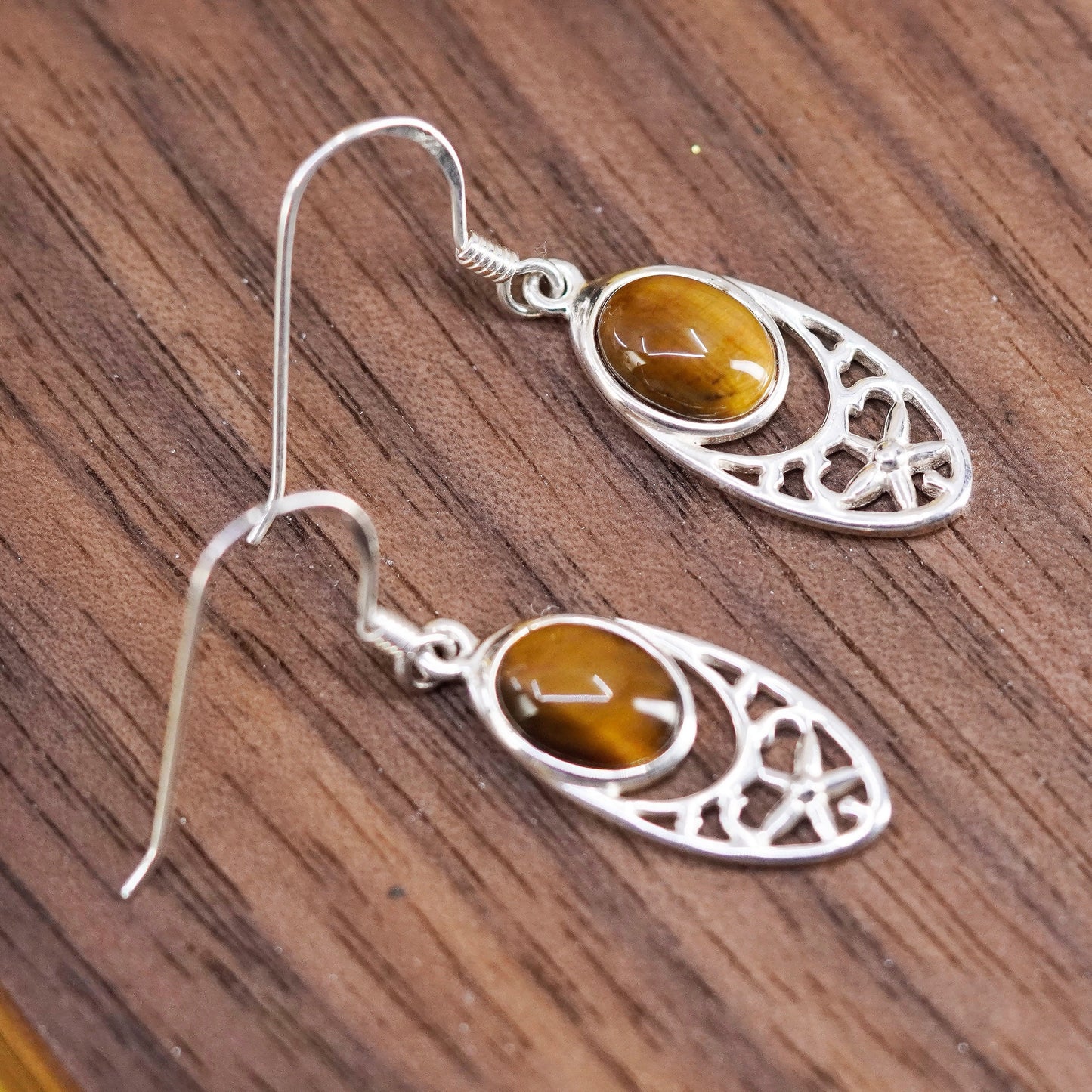Vintage Sterling 925 silver handmade earrings with golden cat’s eye drops