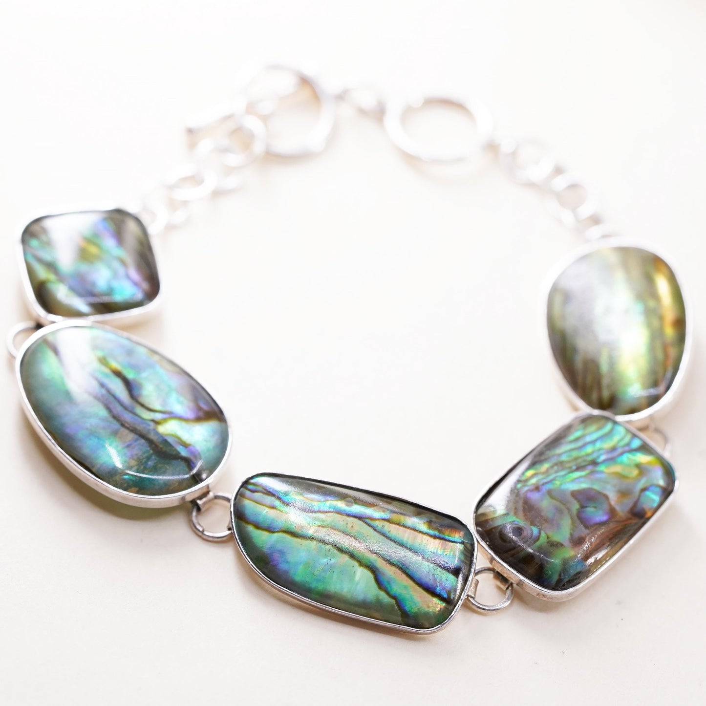 7.25+0.5”, VTG LUC sterling silver 925 handmade bracelet abalone toggle closure