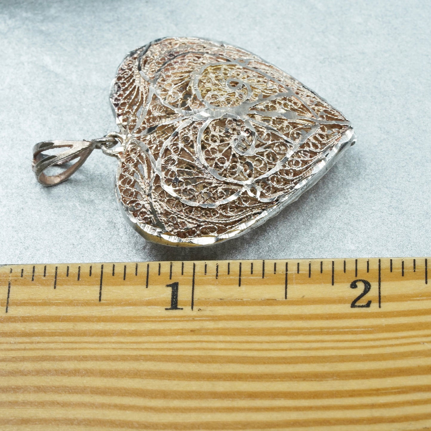 Antique Sterling silver charm, 925 puffy filigree heart pendant
