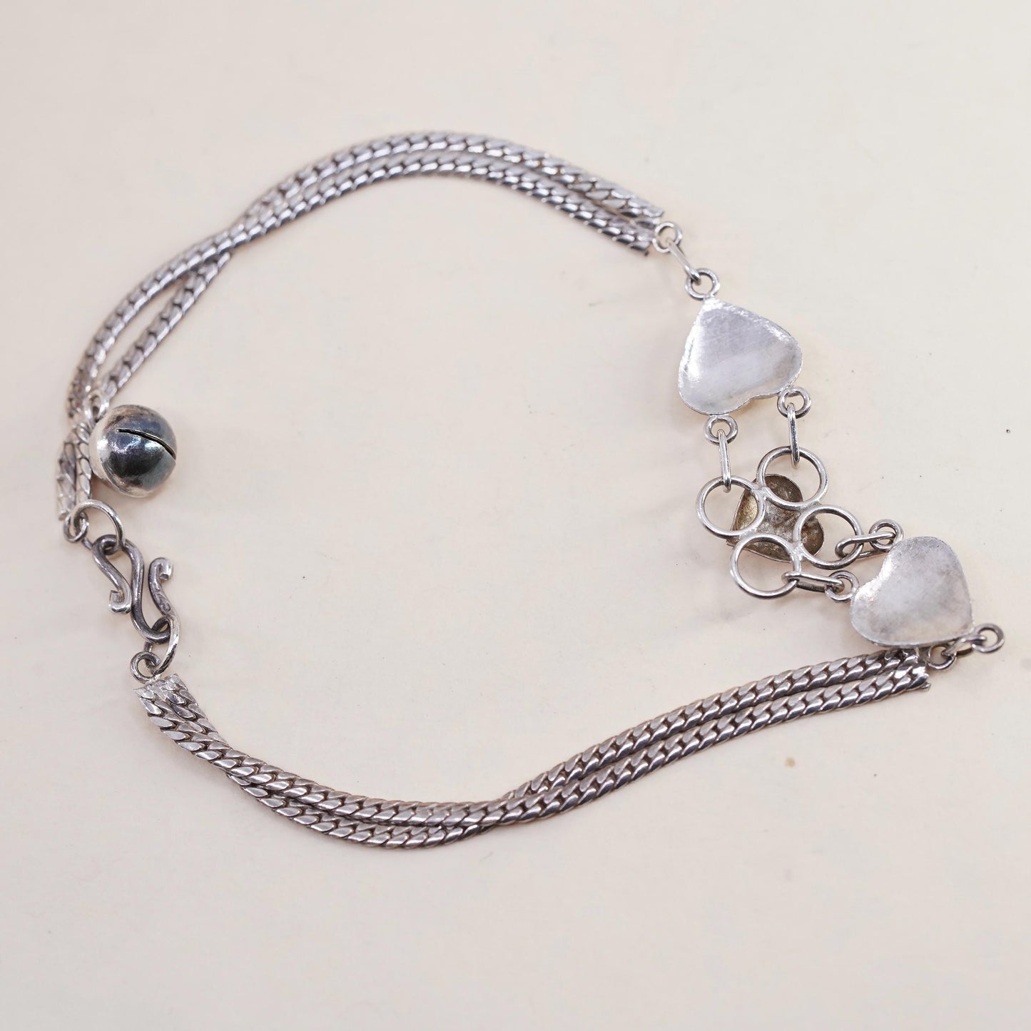 7”, vintage Sterling Silver Bracelet, 925 curb chain with heart and bell chime