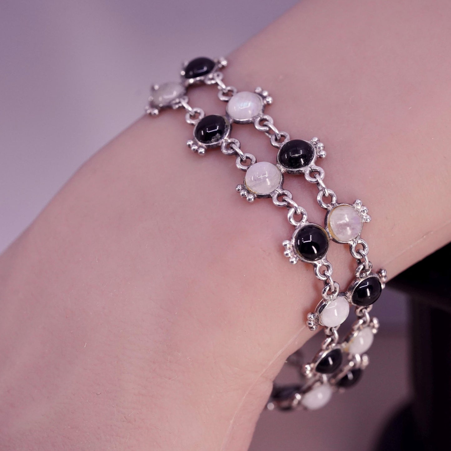 7", vintage sterling 925 silver handmade bracelet with moonstone and onyx